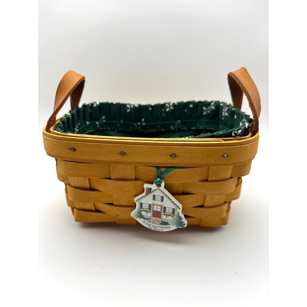 Longaberger '99 Trinket Basket Green Fabric Liner Leather Handles W/House Accent